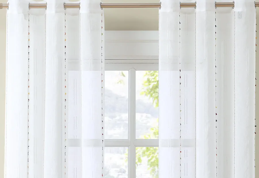Visillo de Ventana para la Cocina 100x150cm MODELO RAYAS BEIGE CON PUNTITOS DE COLORES (impronta)